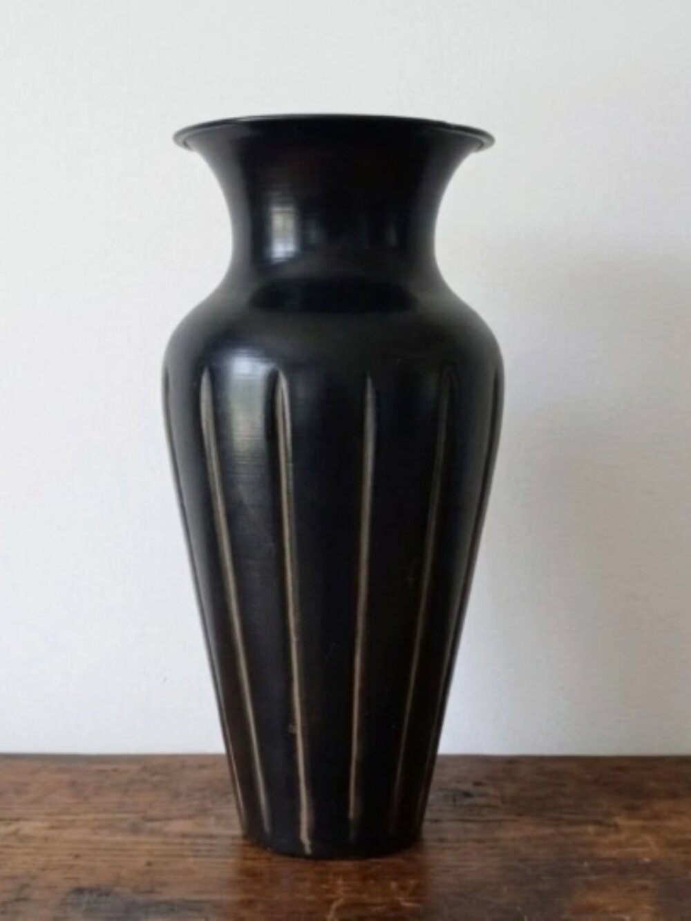 Ribbed Metal Vase Black Distressed Fluted Design 12.5" Vintage Patina Classic